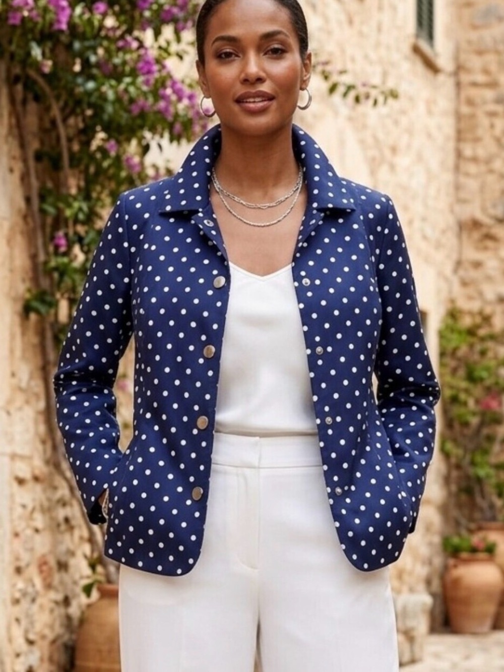 Chico's Navy&White Polka Dot Button-Front Blazer sz M